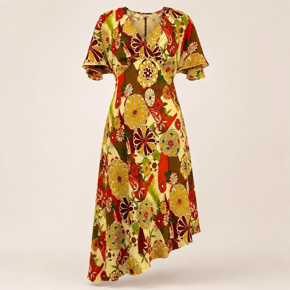 Y2K Floral Babydoll Dress 12 Asymmetric Earthy Fairy Cottage Retro 70s Groovy